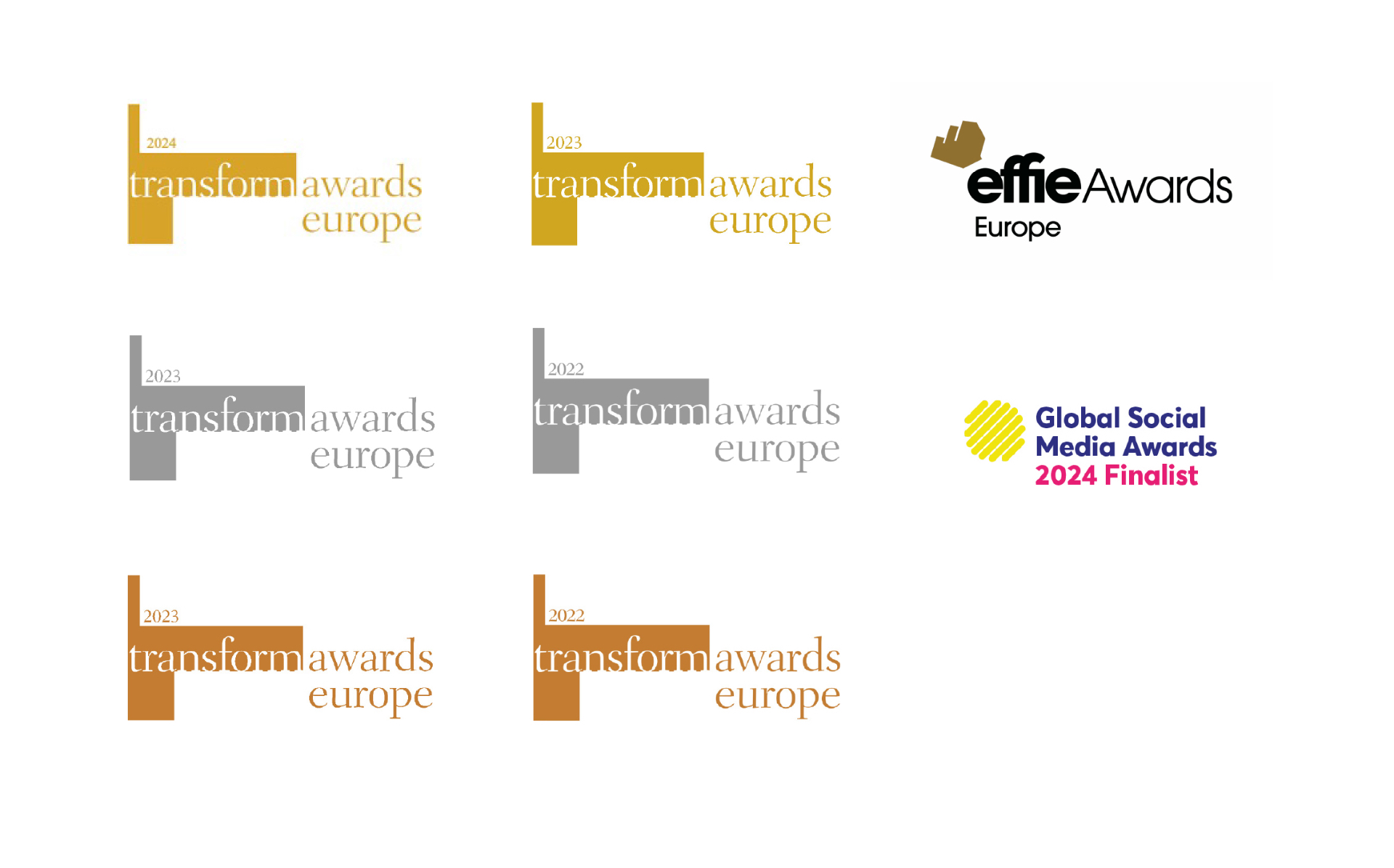 Award recognitions: Transform Awards Europe 2022–2024 winners, Effie Awards Europe, Global Social Media Awards 2024 Finalist